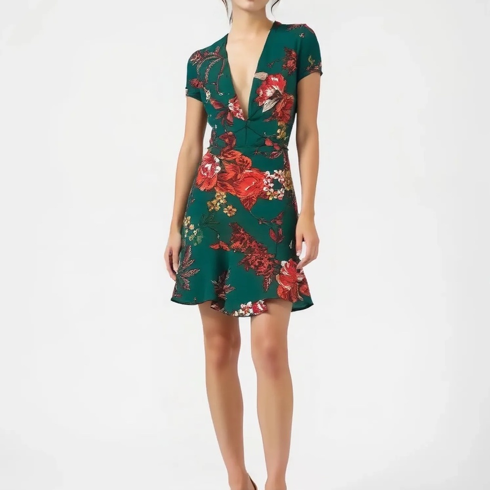 PRETTYLITTLETHING Floral Criss Cross Back Mini Dress Green Size 10P
